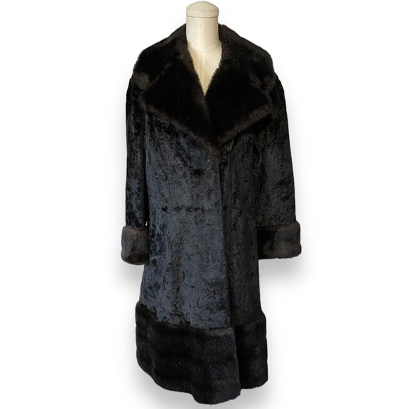 Vintage 60s Rosewin Black Penny Lane Brown Faux Fur Coat Mid Length Jacket - Picture 1 of 10